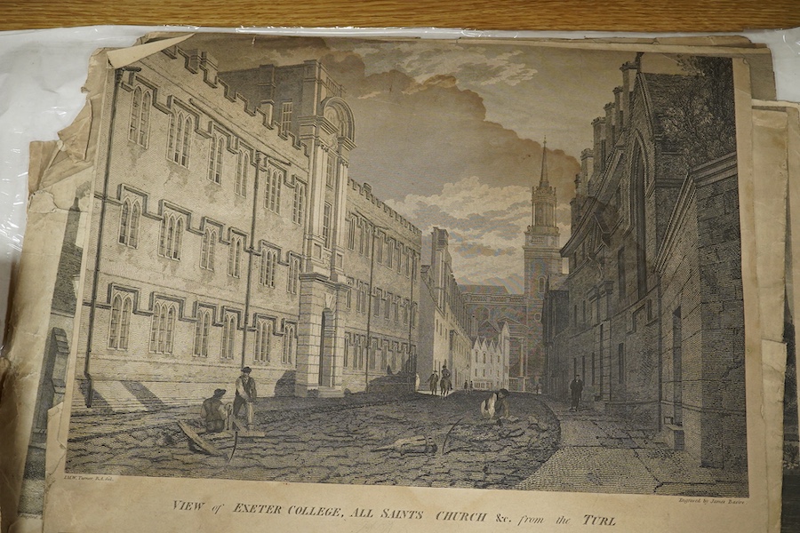 A collection of 18th and 19th century prints, etchings and engravings to include: some examples after J M W Turner, ‘Inside view of the east end of Merton College Chapel’ and ‘View of the Cathedral of Christchurch, part